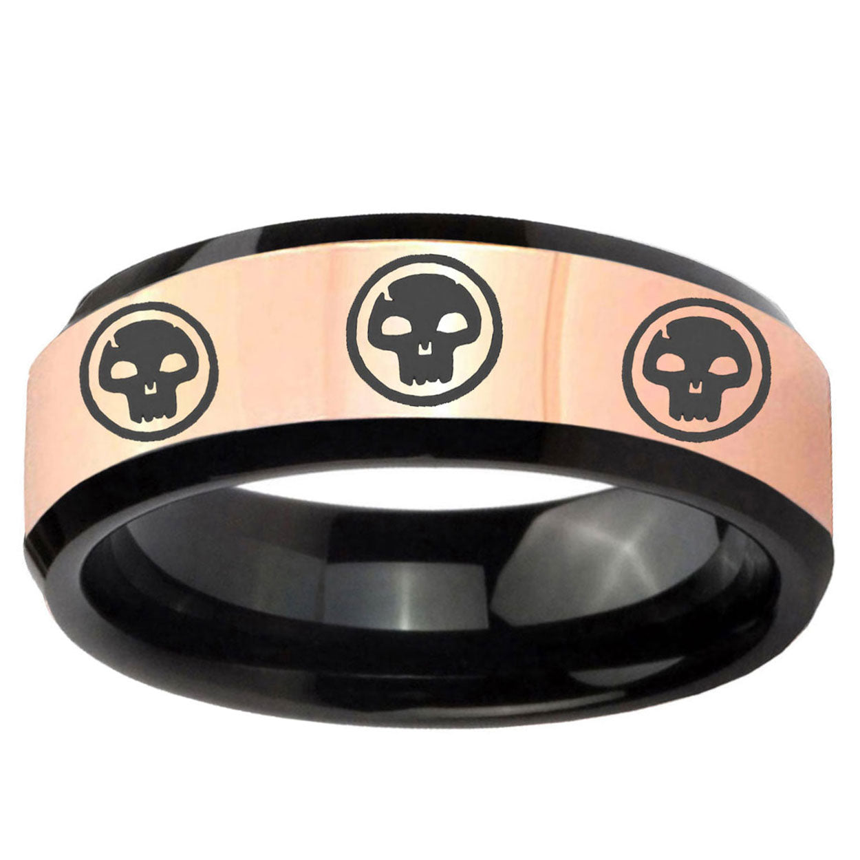 Multiple Skull Rose Gold Black Bevel Tungsten Anniversary Ring