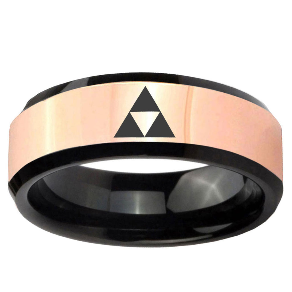 Zelda Triforce Rose Gold Black Bevel Tungsten Custom Ring