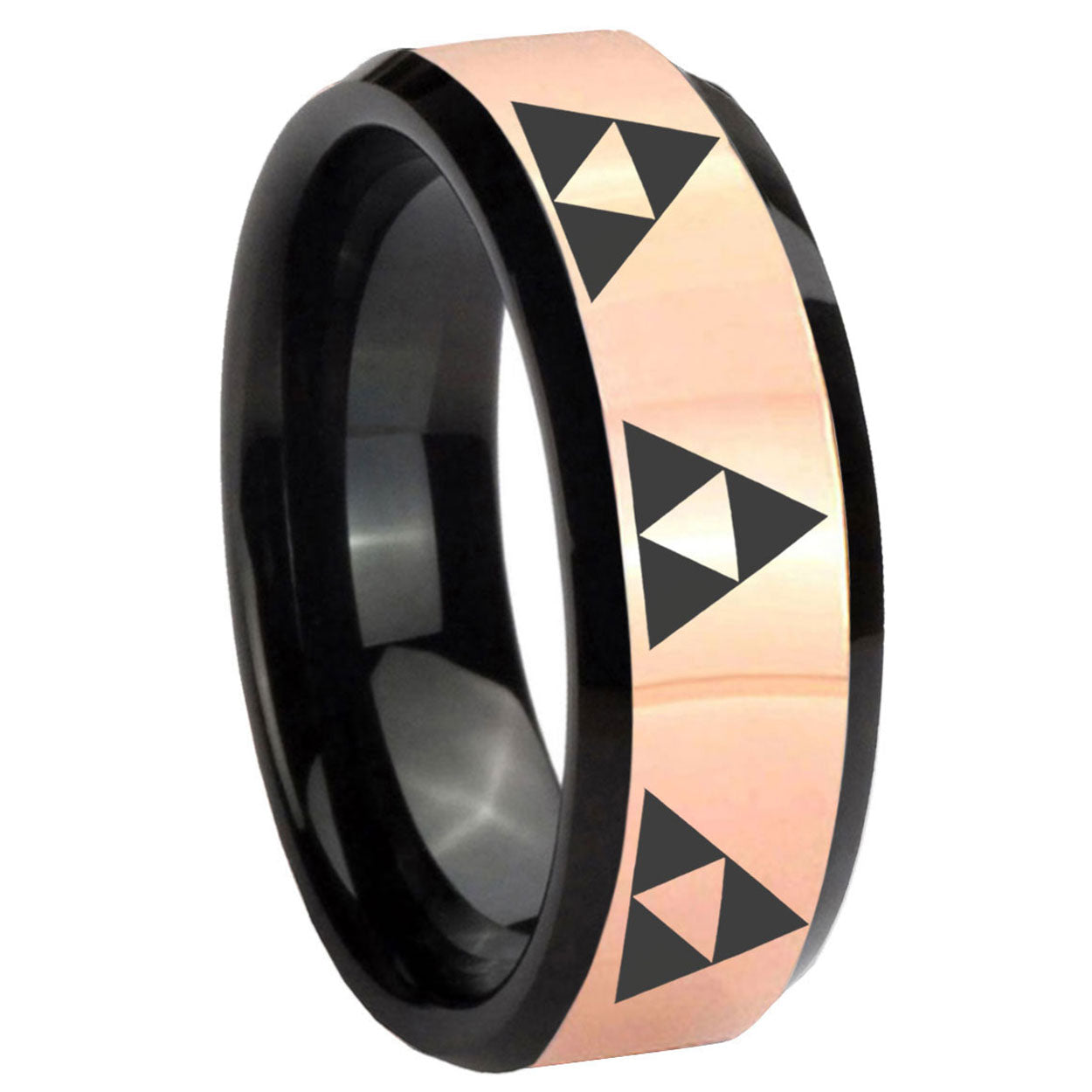 8MM Multiple Zelda Triforce Rose Gold Black Bevel Tungsten Ring