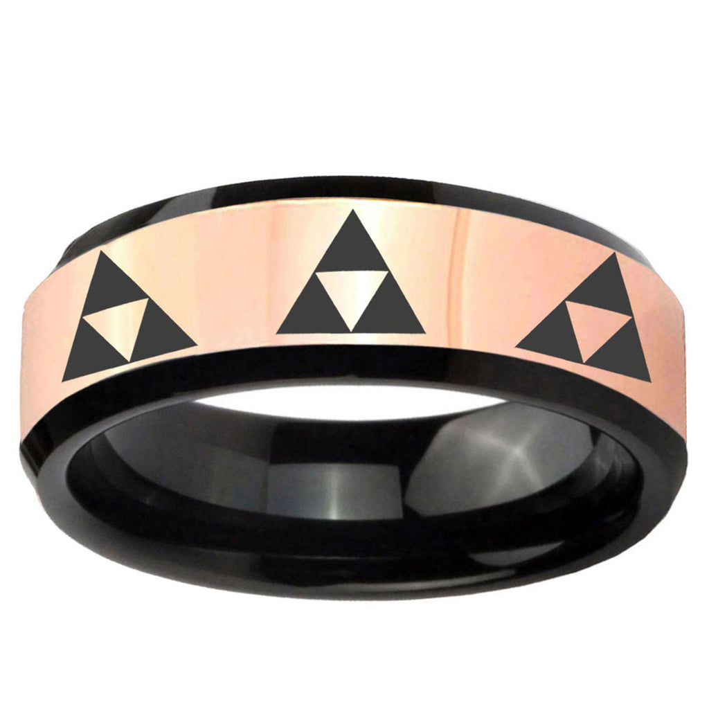Multiple Zelda Triforce Rose Gold Black Bevel Tungsten Ring