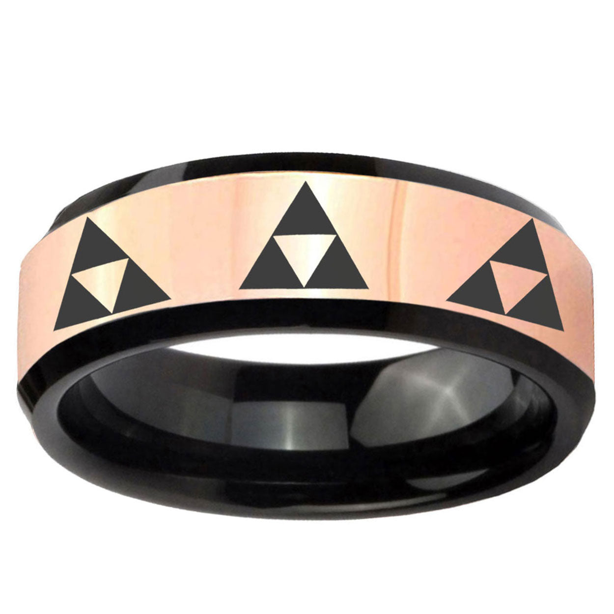 Multiple Zelda Triforce Rose Gold Black Bevel Tungsten Ring