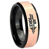 8mm Rose Gold And Black Beveled Edge Air Force Tungsten Carbide Laser Engraved Ring