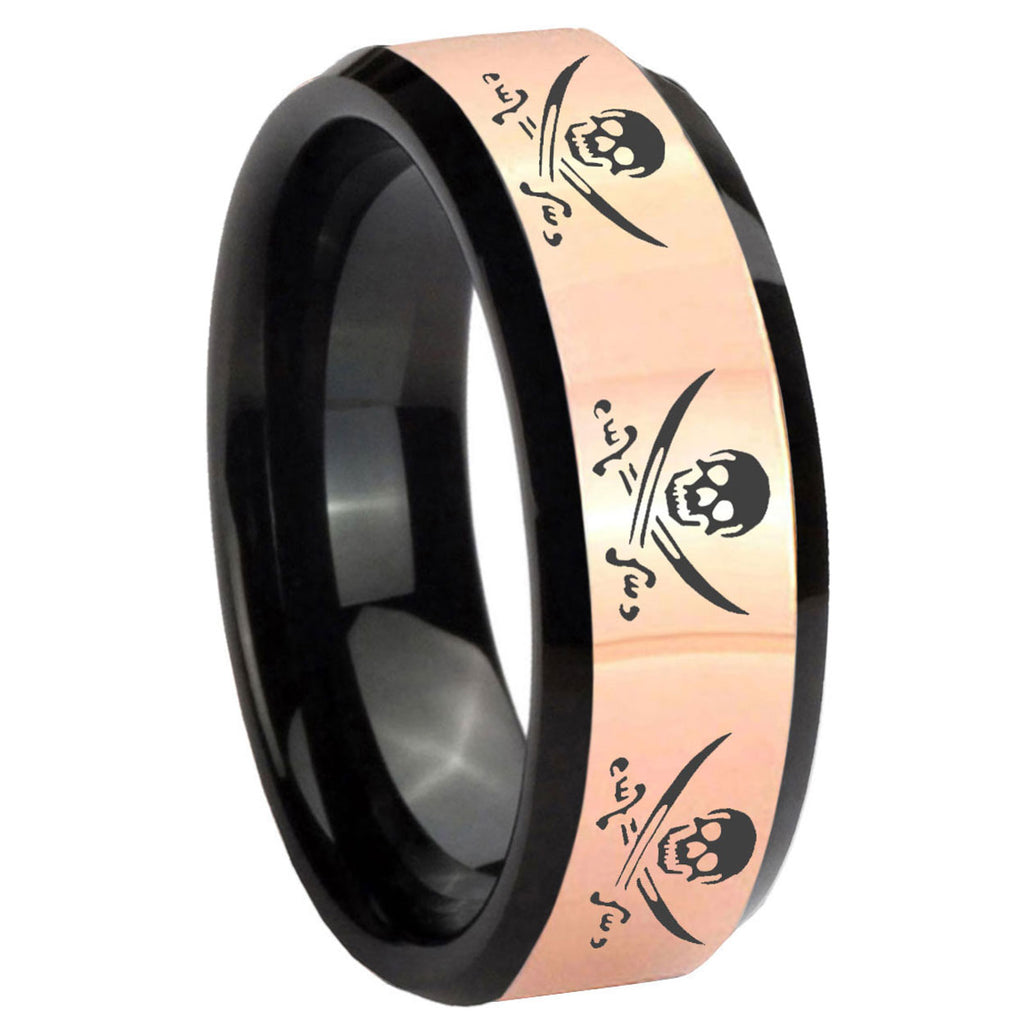 8MM Multiple Skull Pirate Rose Gold Black Bevel Tungsten Ring
