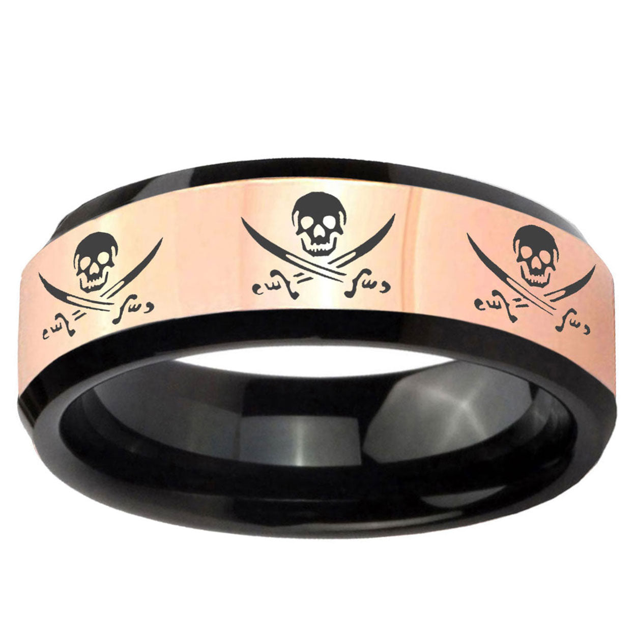 Multiple Skull Pirate Rose Gold Black Bevel Tungsten Ring