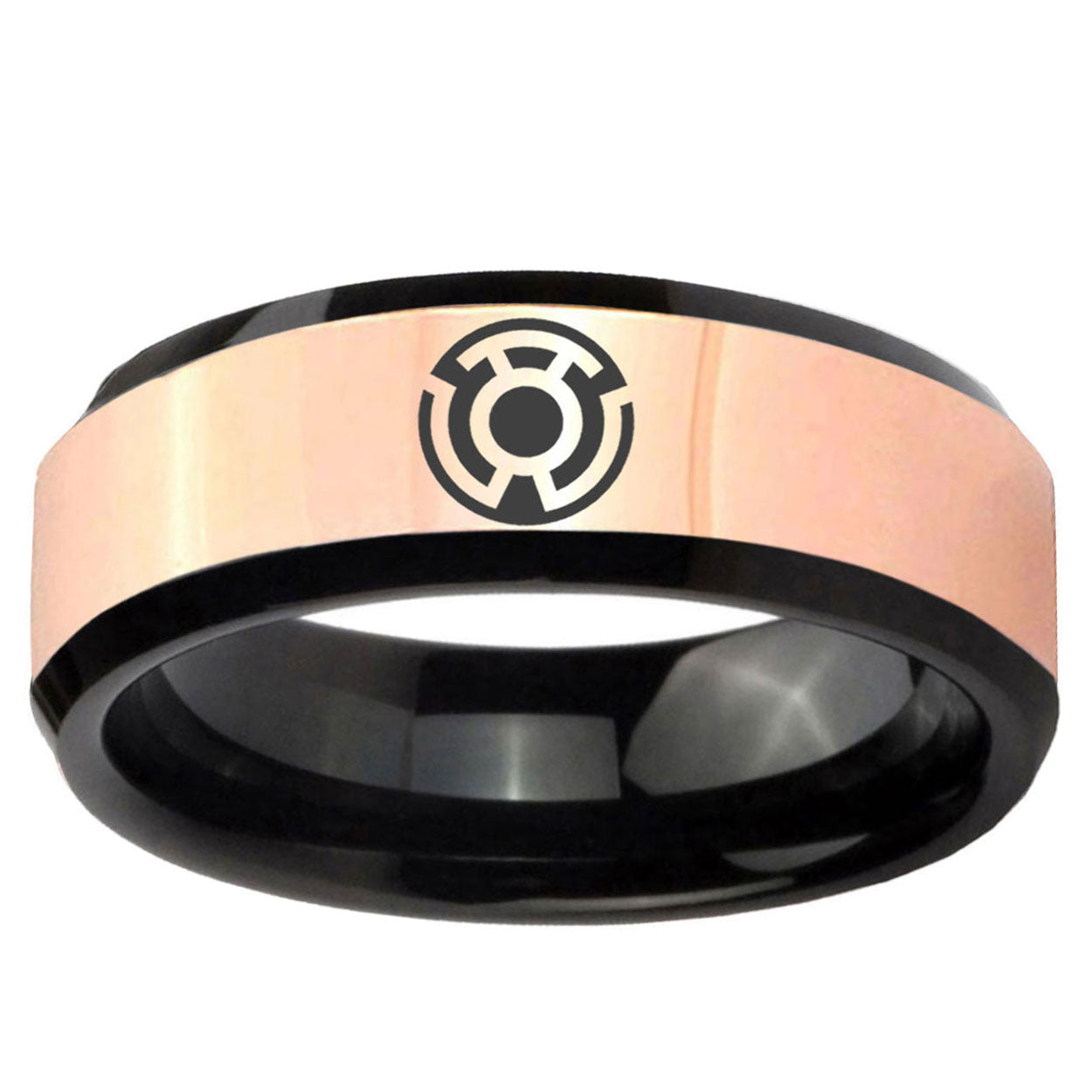 Yellow Lantern Rose Gold Black Bevel Men's Steel Wedding Bands