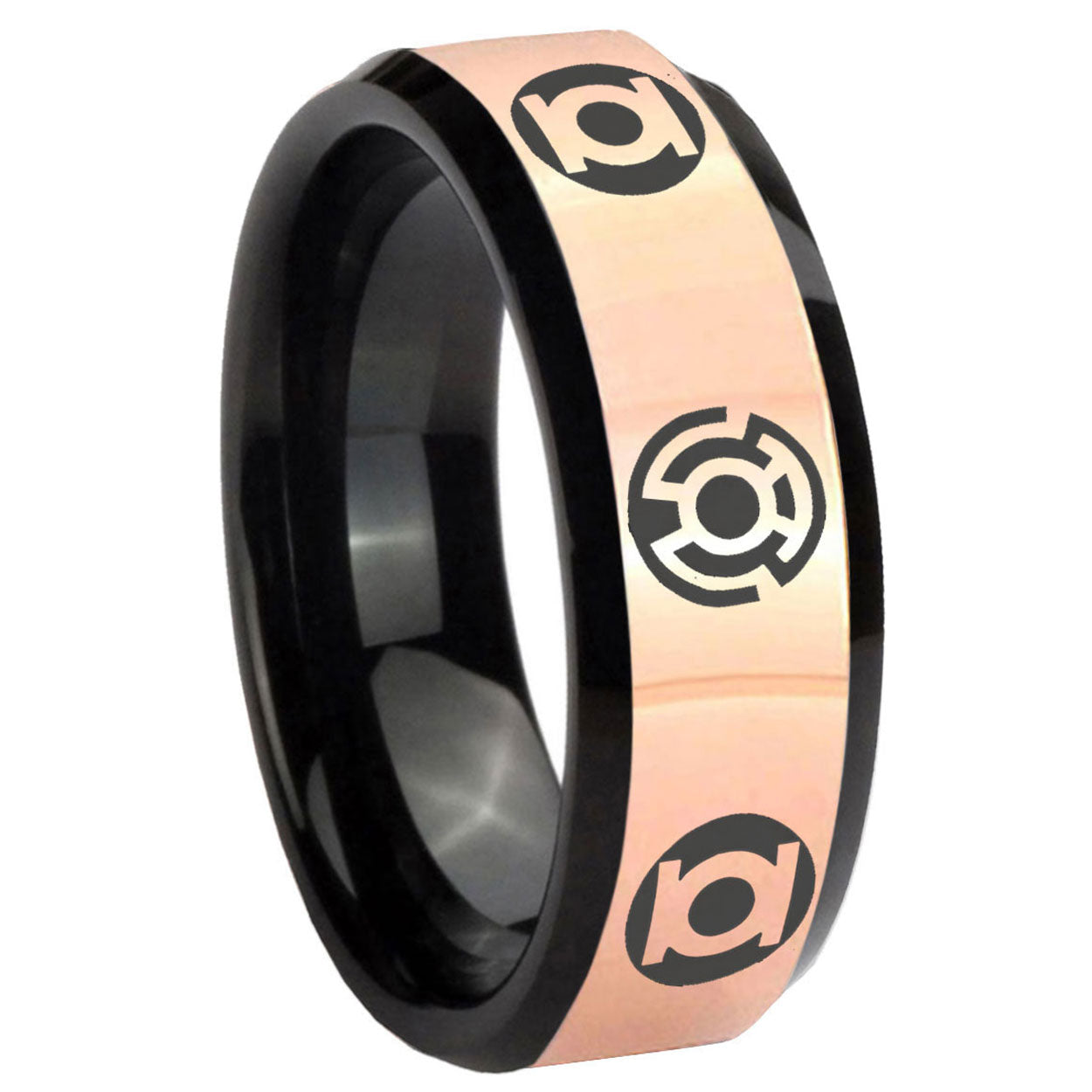 8MM Blue Green Lantern Rose Gold And Black Bevel Tungsten Ring
