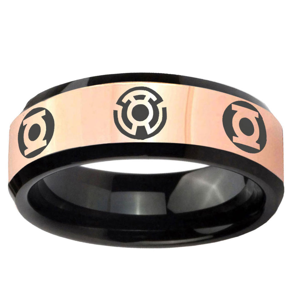 Blue Green Lantern Rose Gold And Black Bevel Tungsten Ring