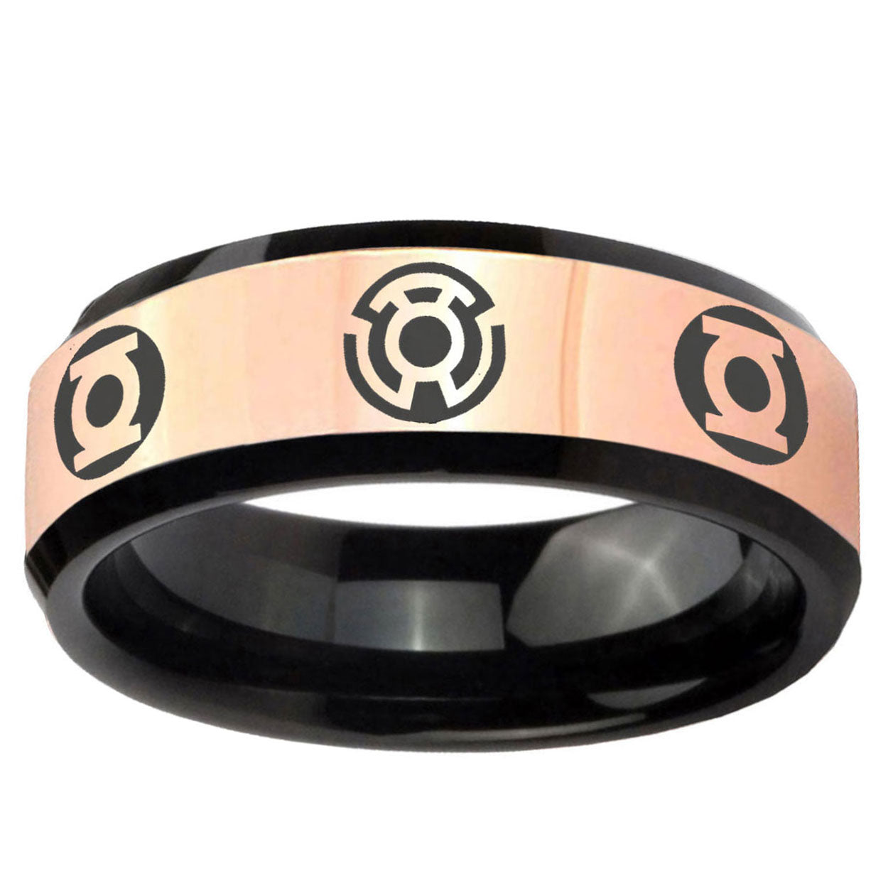 Blue Green Lantern Rose Gold And Black Bevel Tungsten Ring