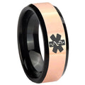 8MM Medical Alert Rose Gold And Black Bevel Tungsten Ring