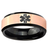Medical Alert Rose Gold And Black Beveled Edge Tungsten Carbide Men's Ring