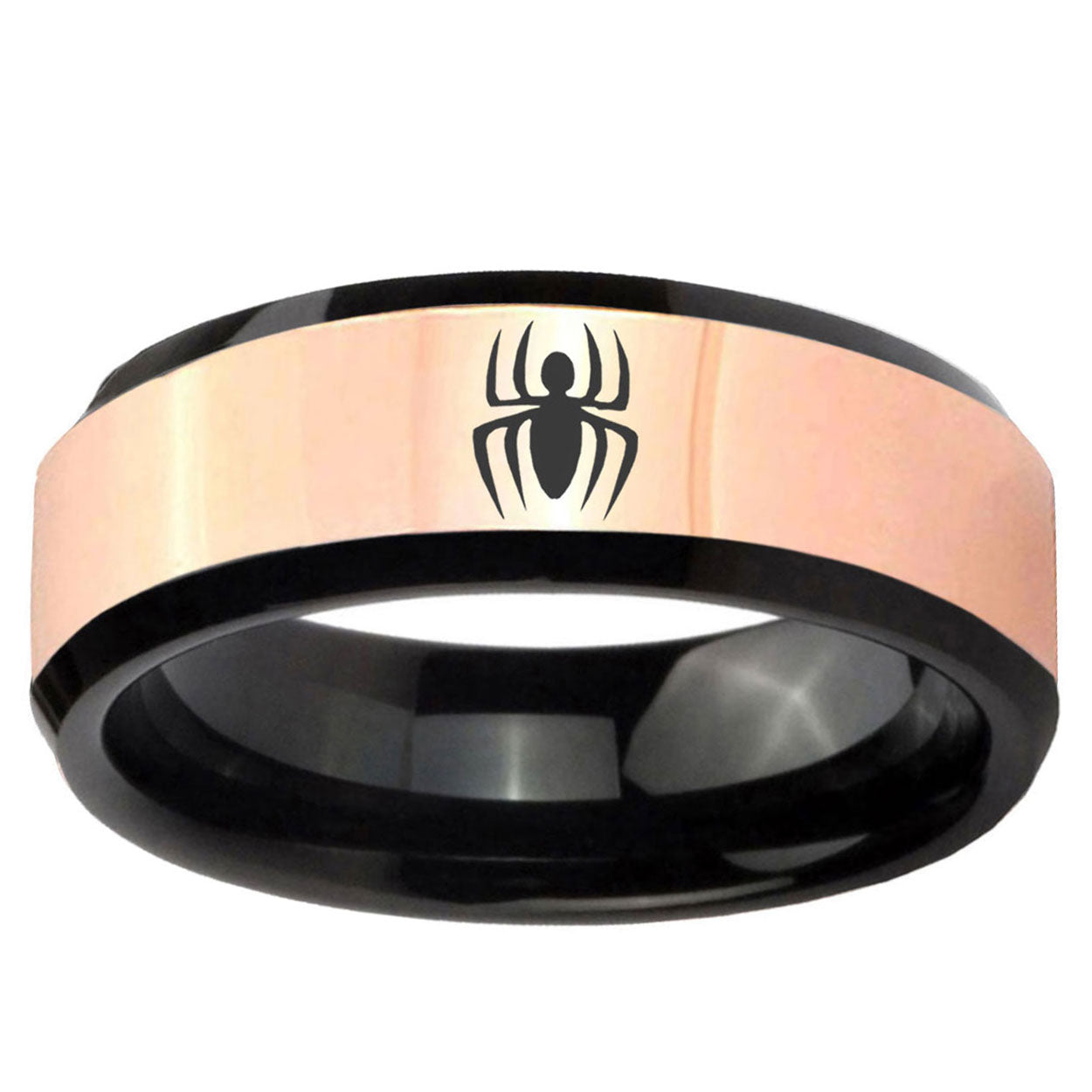 Spiderman Rose Gold And Black Beveled Edge Tungsten Ring
