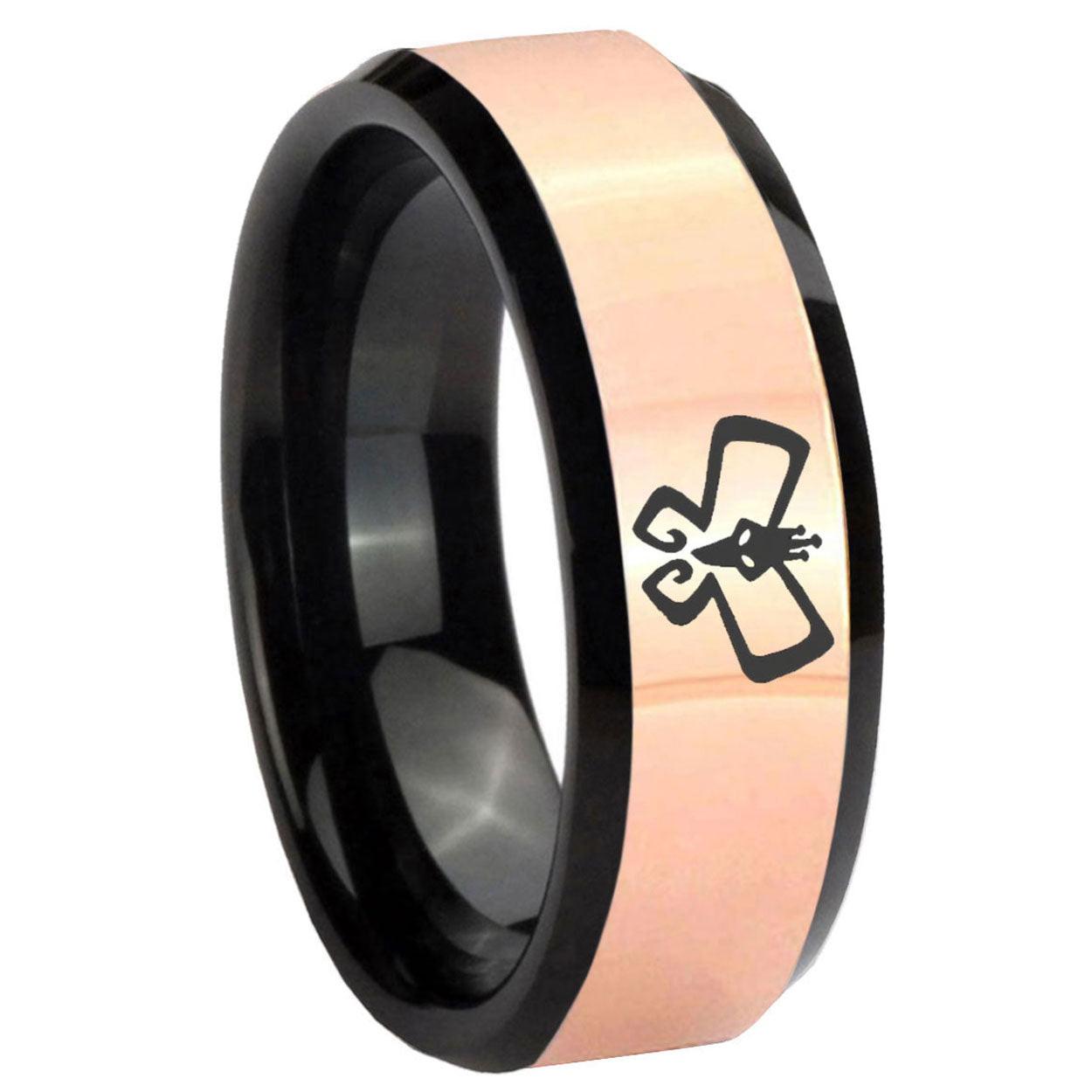8MM Monarch Rose Gold And Black Bevel Tungsten Ring Engraved
