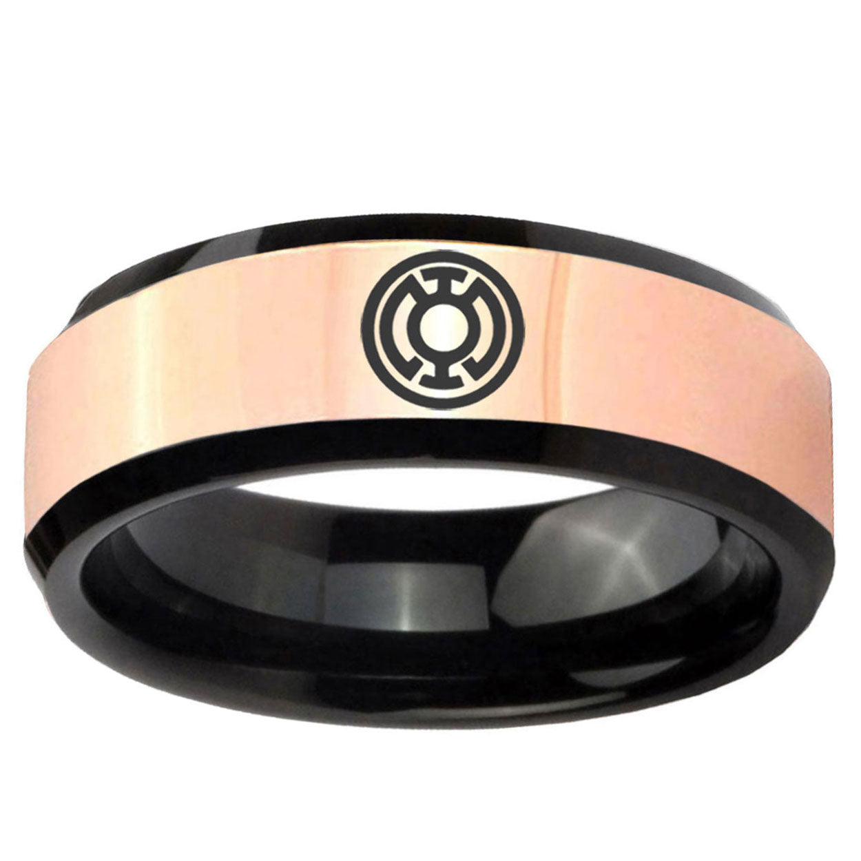Blue Lantern Rose Gold And Black Bevel Men's Tungsten Ring