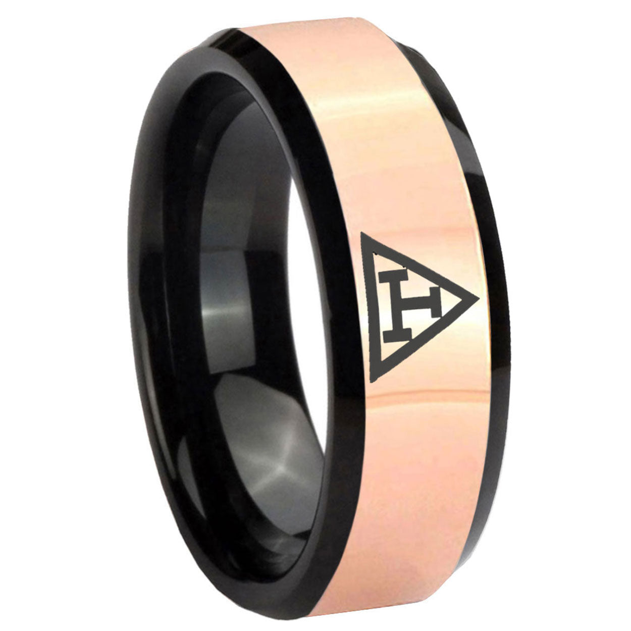 8MM Masonic Triple Rose Gold Black Bevel Tungsten Ring Personalized