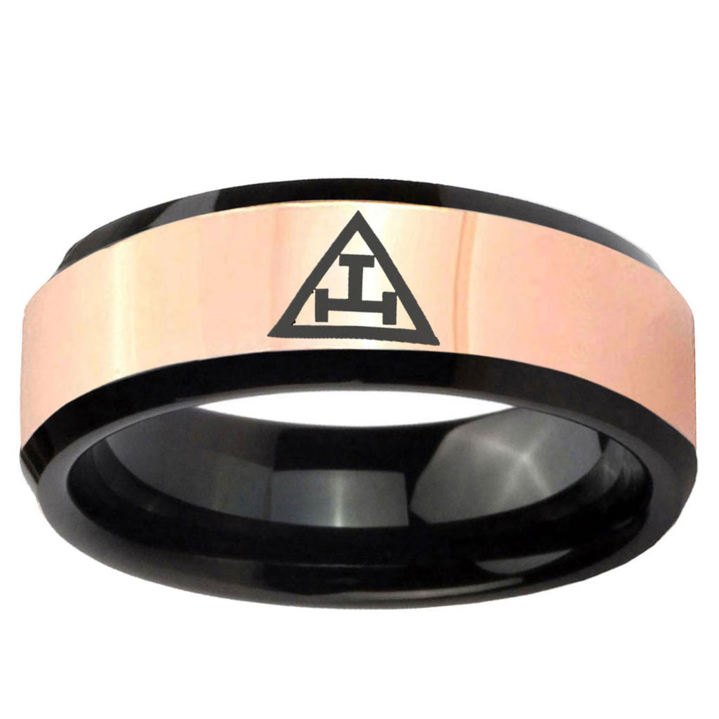 Masonic Triple Rose Gold Black Bevel Tungsten Ring Personalized