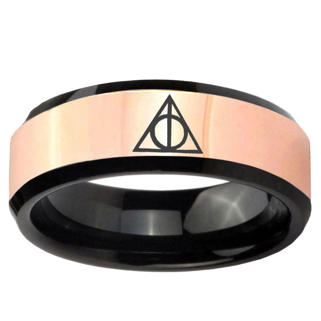 Deathly Hallows Rose Gold Black Bevel Tungsten Ring