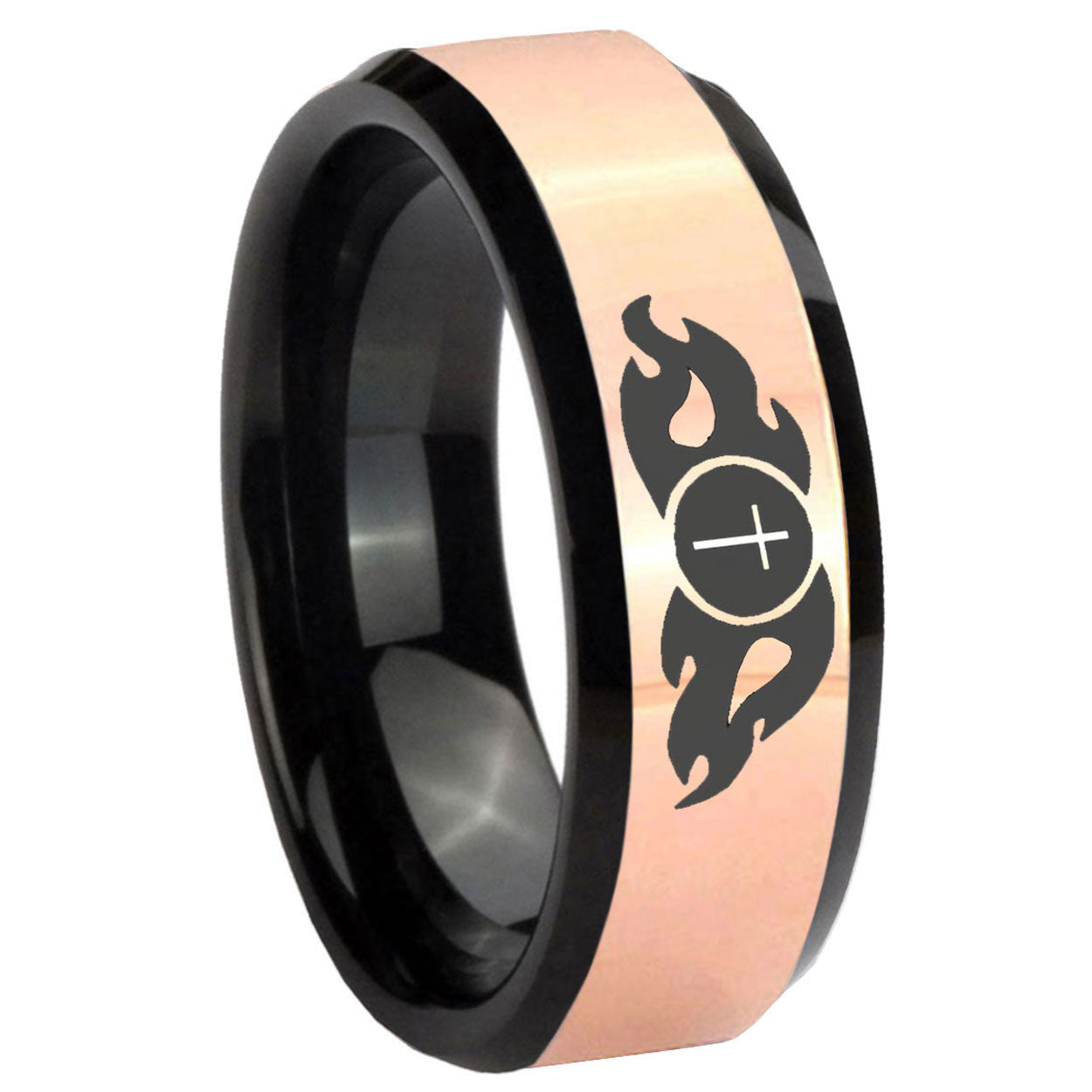 8MM Flamed Cross Rose Gold Black Bevel Tungsten Promise Ring