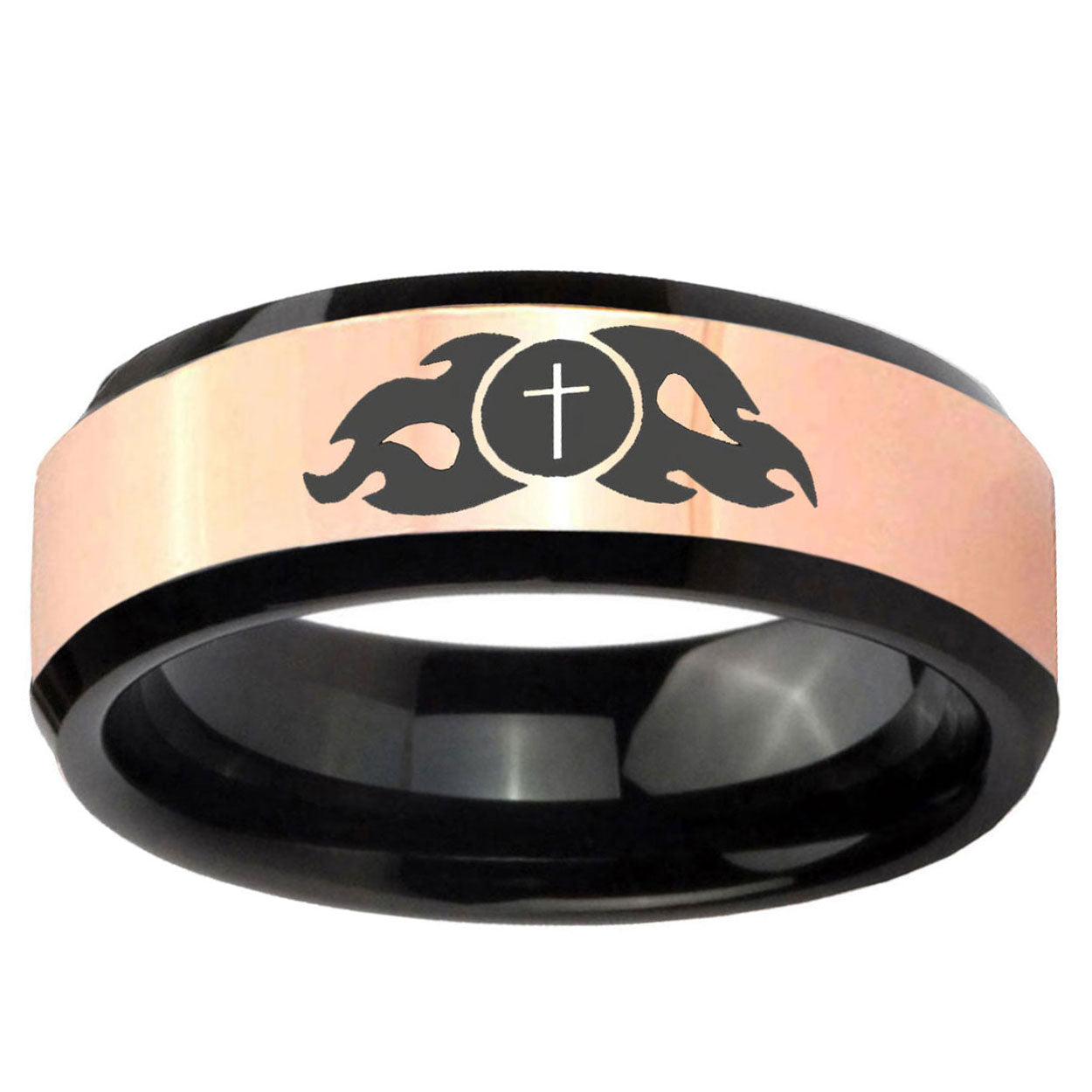 Flamed Cross Rose Gold Black Bevel Tungsten Promise Ring