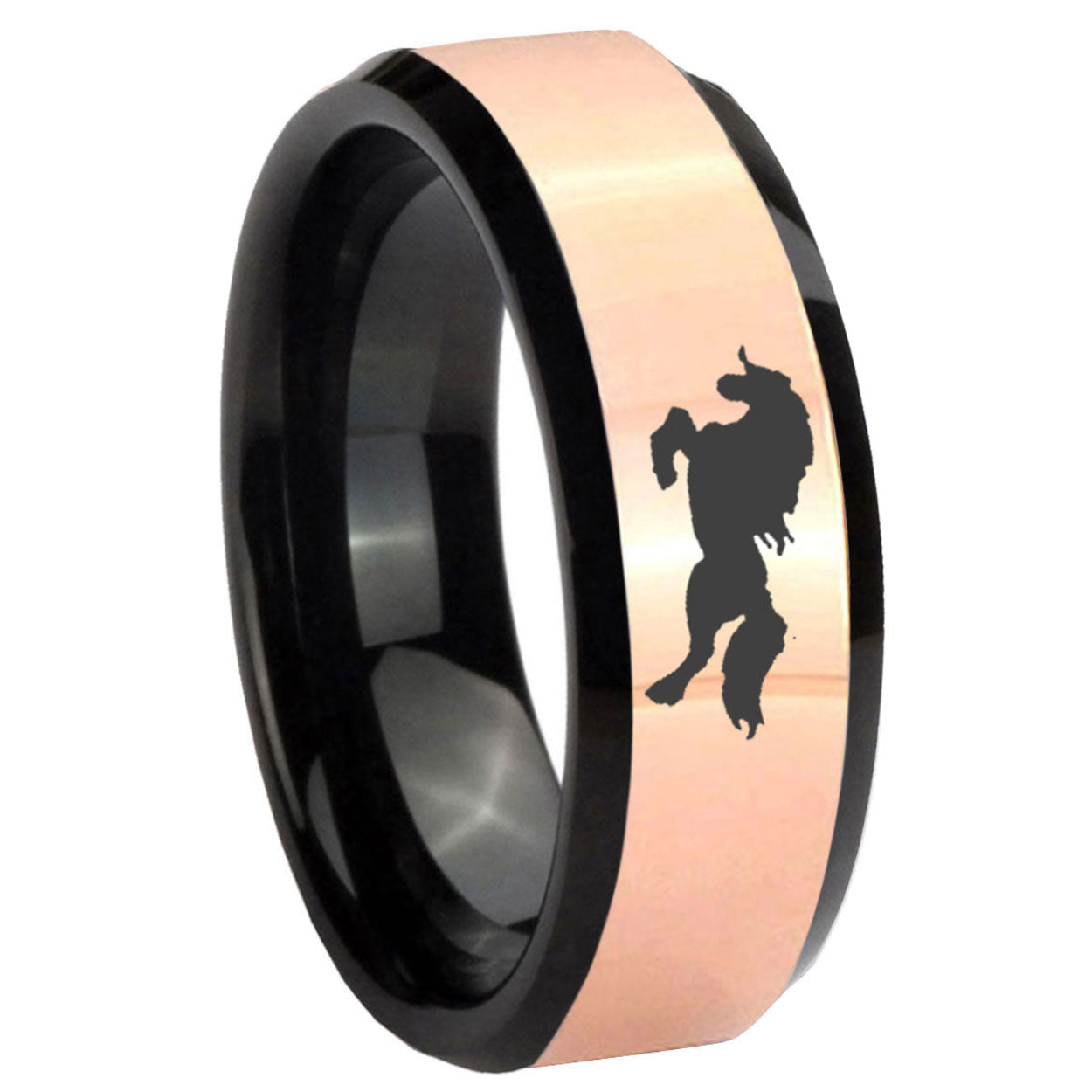 8MM Horse Rose Gold And Black Bevel Tungsten Wedding Bands Ring