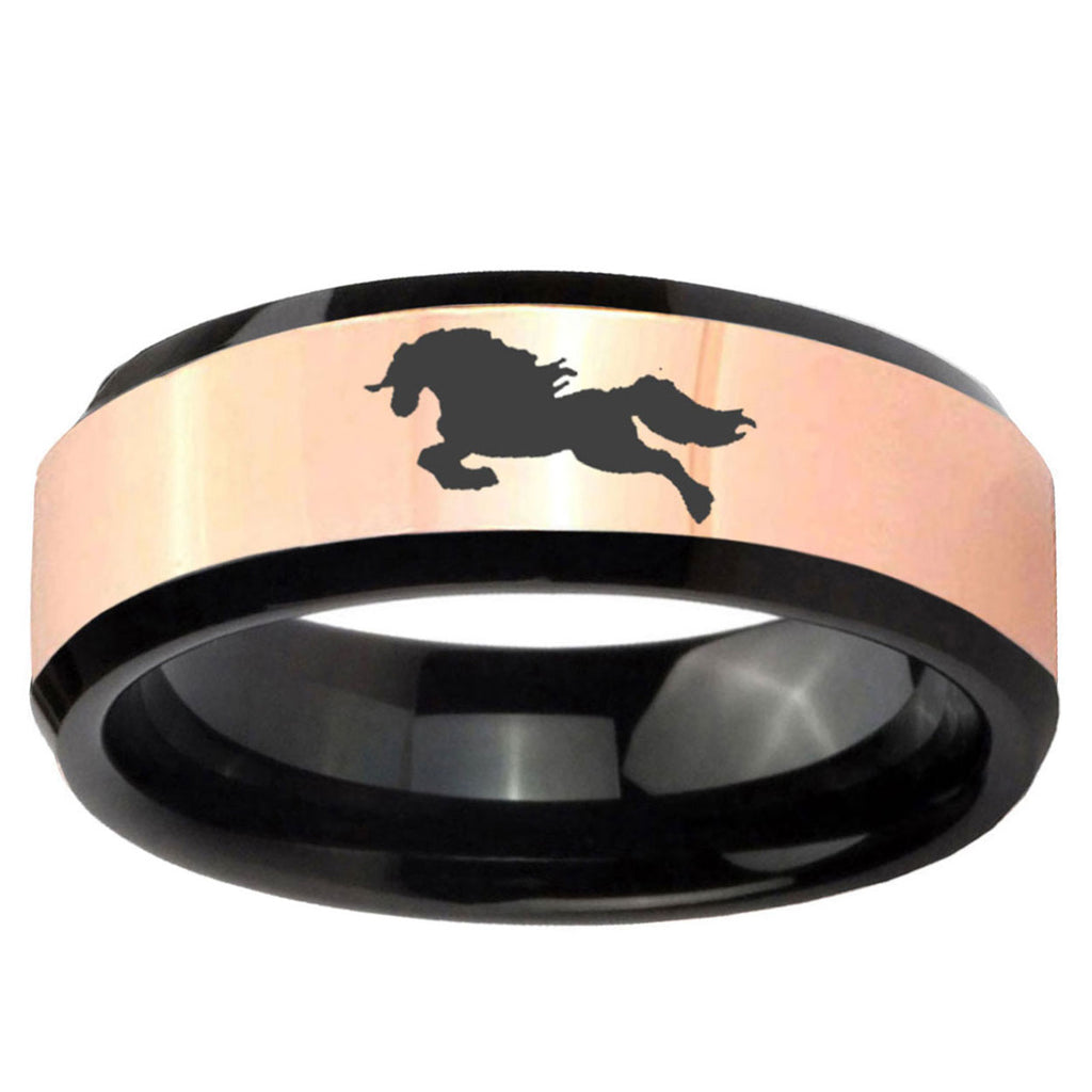 Horse Rose Gold And Black Bevel Tungsten Wedding Bands Ring