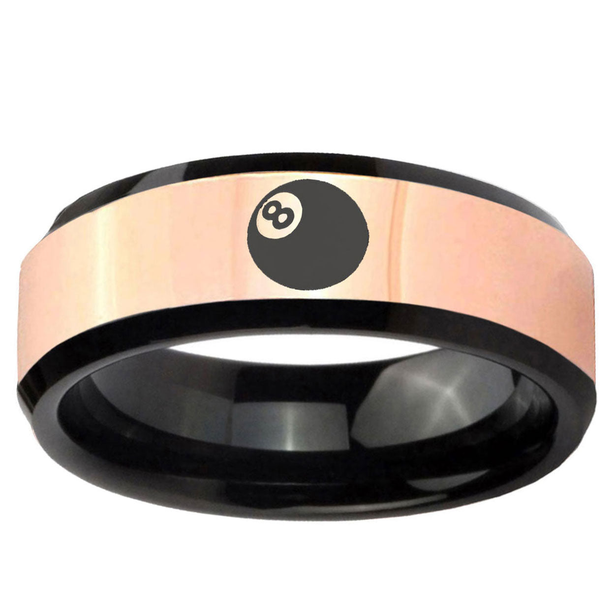 8 Ball Rose Gold Black Bevel Tungsten Wedding Ring