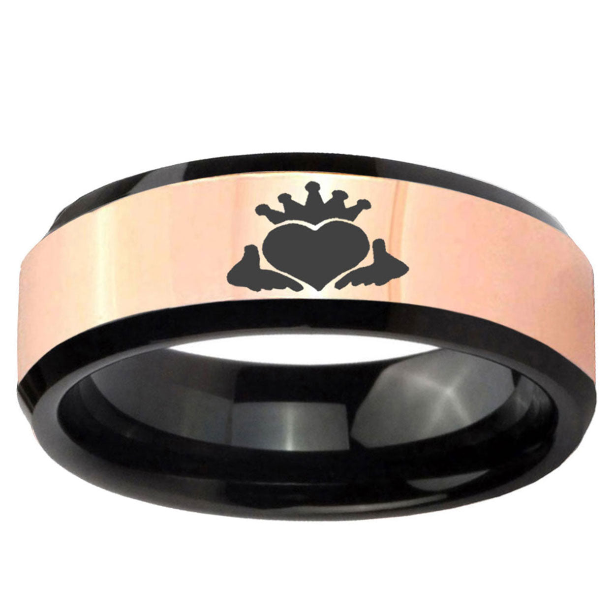 Claddagh Design Rose Gold Black Bevel Tungsten Anniversary Ring