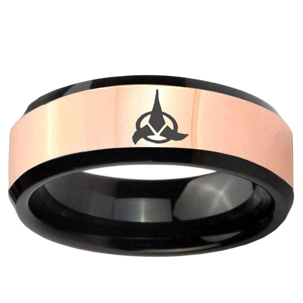 Klingon Rose Gold And Black Bevel Tungsten Engraved Ring
