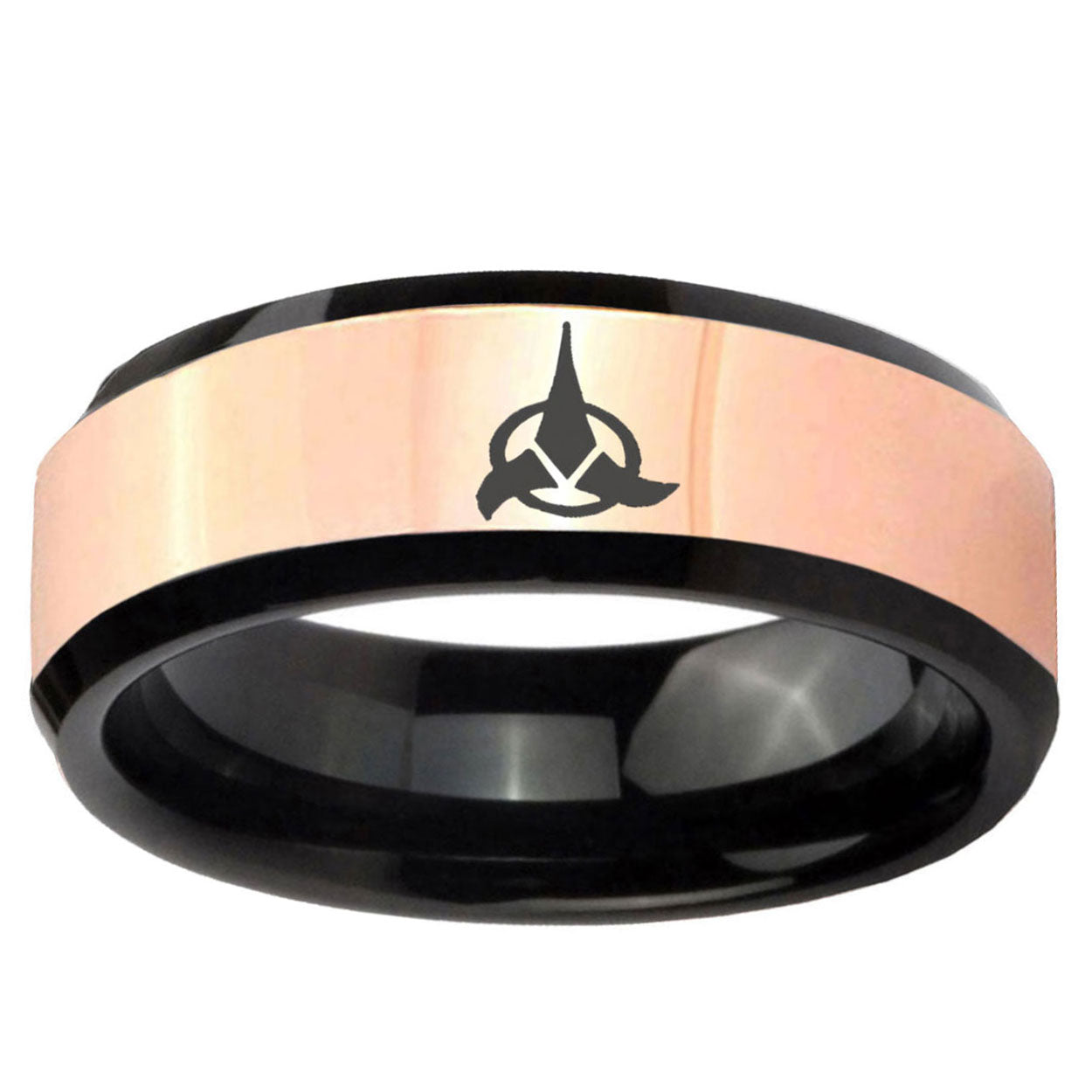Klingon Rose Gold And Black Bevel Tungsten Engraved Ring