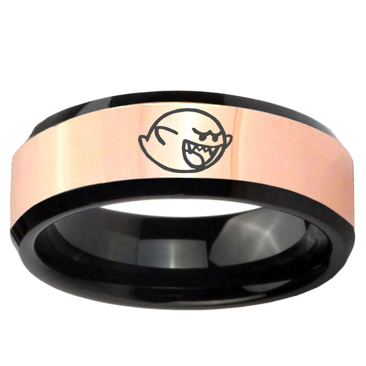 Mario Boo Ghost Rose Gold Black Bevel Tungsten Men's Bands Ring