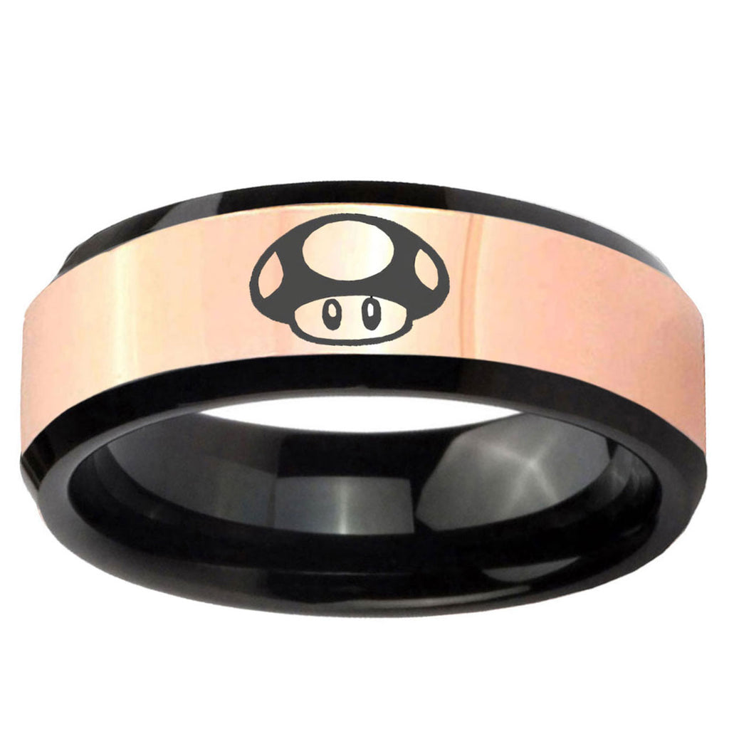 Mario Mushroom Rose Gold Black Bevel Tungsten Men's Bands Ring