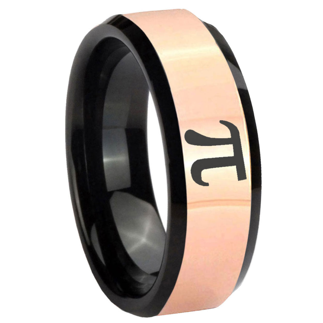 8MM Math Pi Rose Gold Black Bevel Tungsten Wedding Band