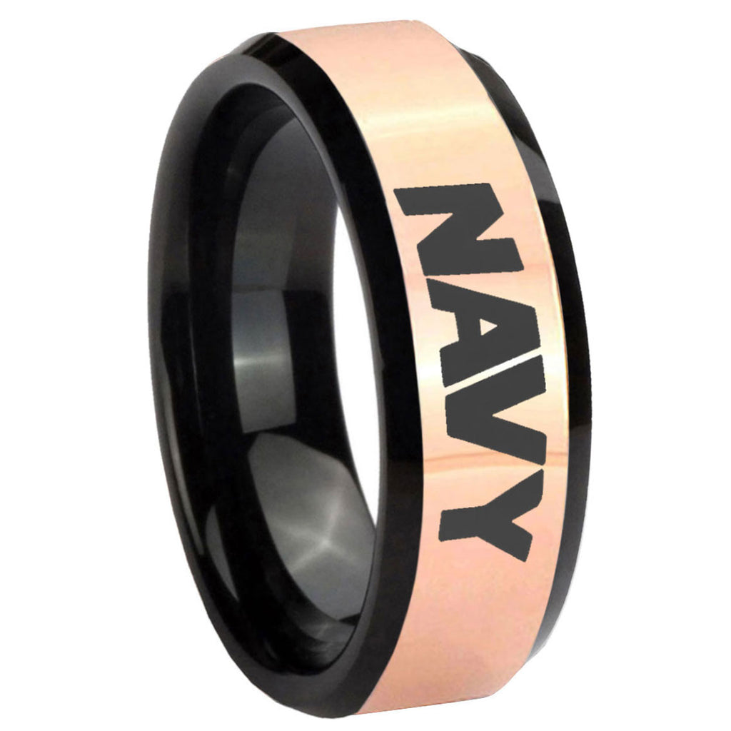 8MM Navy Rose Gold And Black Bevel Tungsten Men's Wedding Band