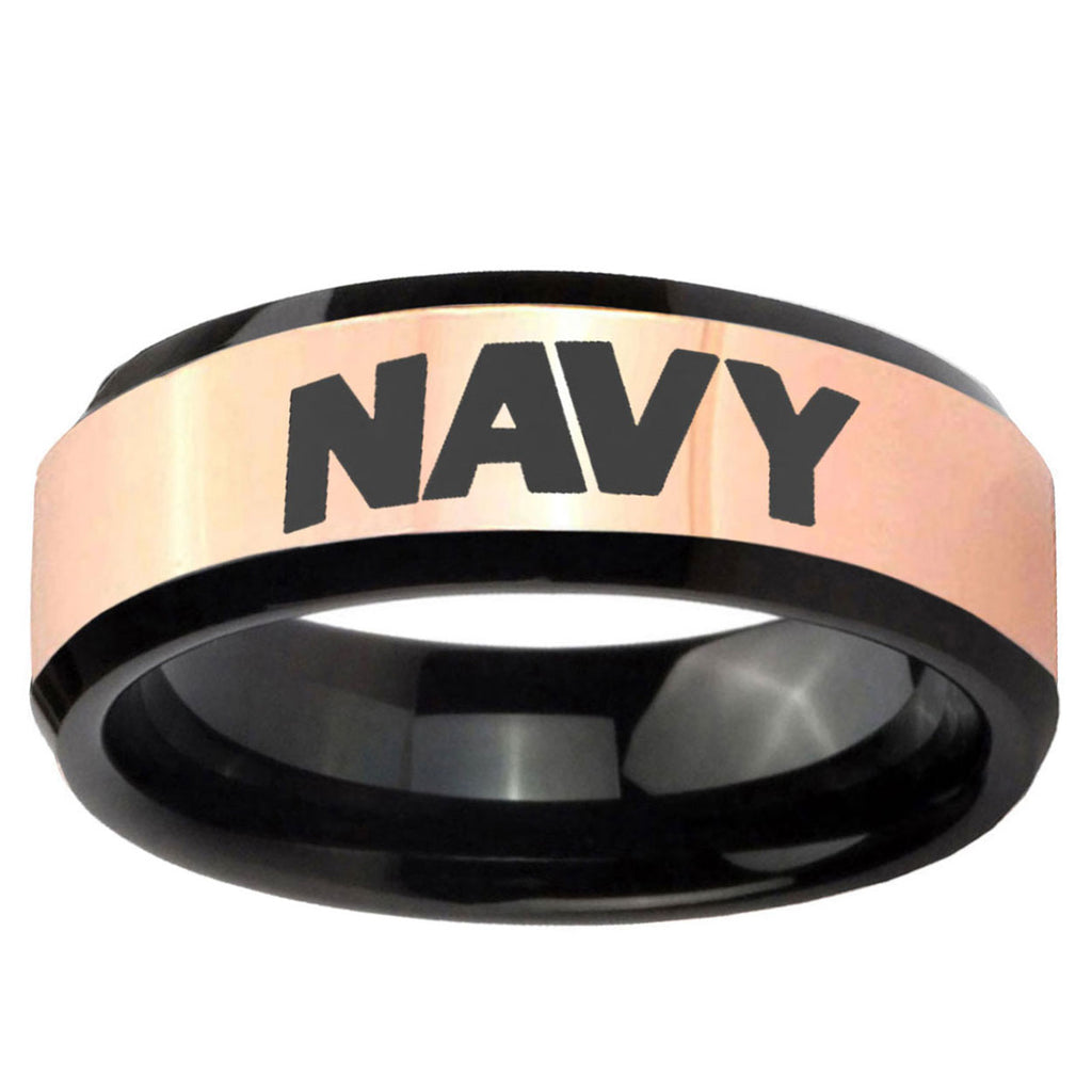 Navy Rose Gold And Black Bevel Tungsten Men's Wedding Band