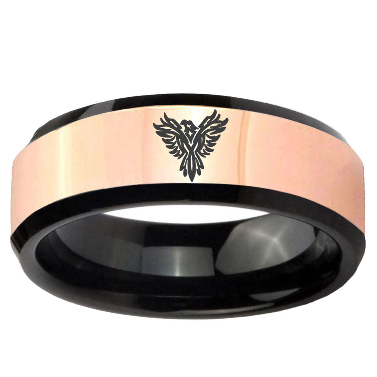 Phoenix Rose Gold And Black Beveled Edge Tungsten Ring