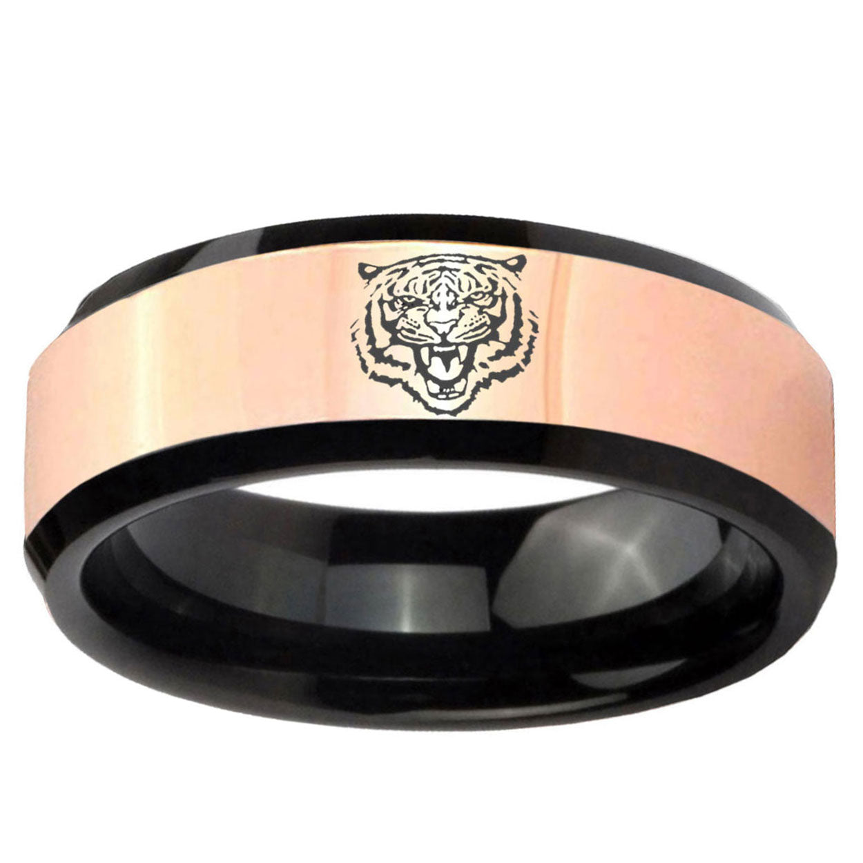 Lion Rose Gold And Black Beveled Edge Tungsten Bands Ring