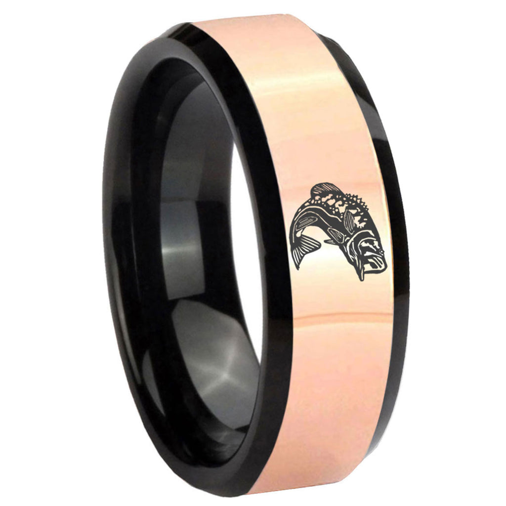 8MM Fishing Rose Gold And Black Bevel Tungsten Promised Ring