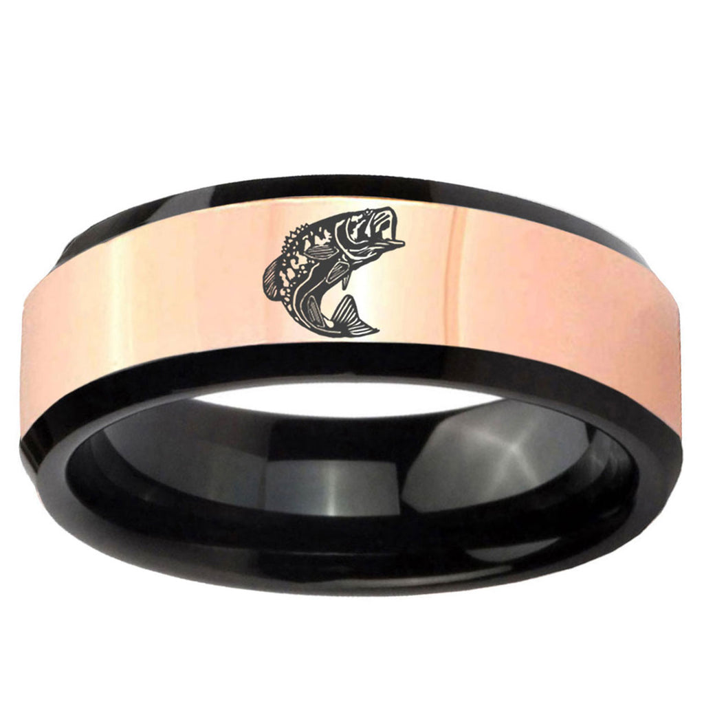 Fishing Rose Gold And Black Bevel Tungsten Promised Ring