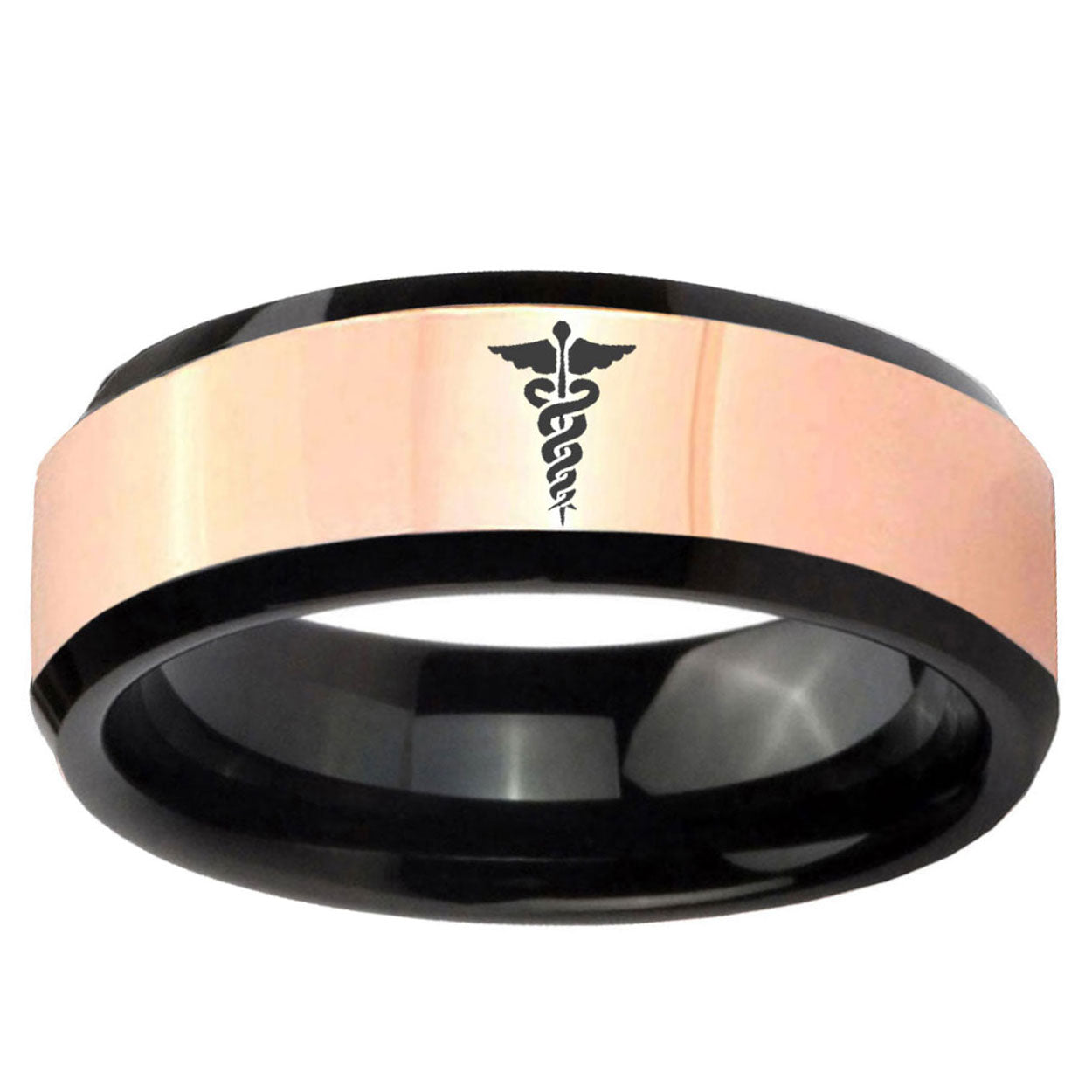 Medical Symbol Rose Gold And Black Bevel Tungsten Band