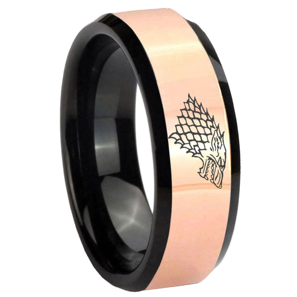 8MM Game Of Thrones House Stark Direwolf Rose Gold Black Bevel Tungsten Ring