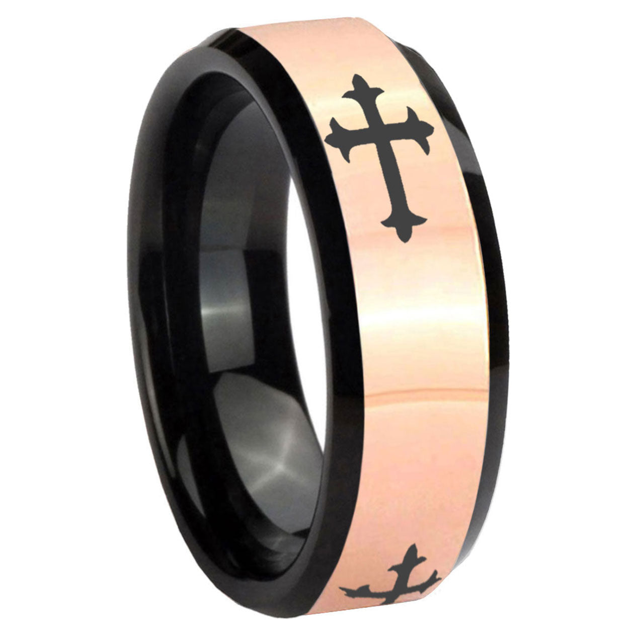 8MM Christian Cross Religious Rose Gold Black Bevel Tungsten Ring