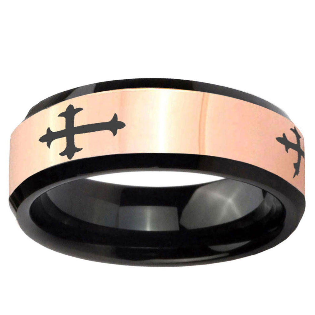 Christian Cross Religious Rose Gold Black Bevel Tungsten Ring