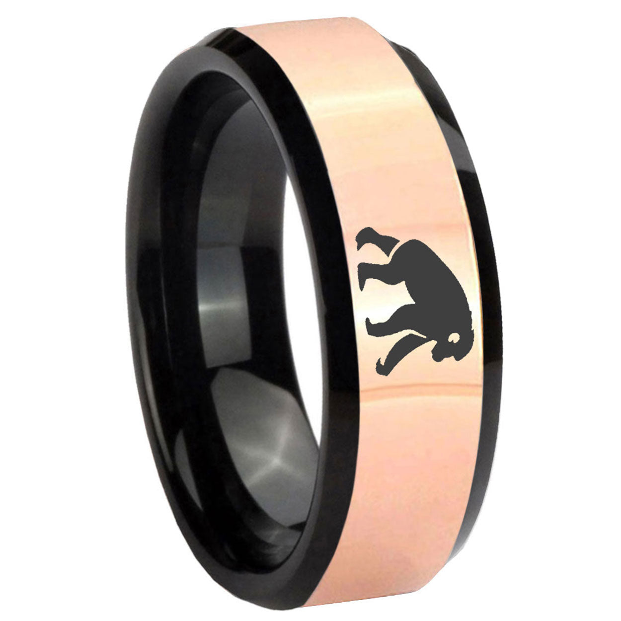 8MM Chimpanzee Rose Gold And Black Bevel Tungsten Custom Ring