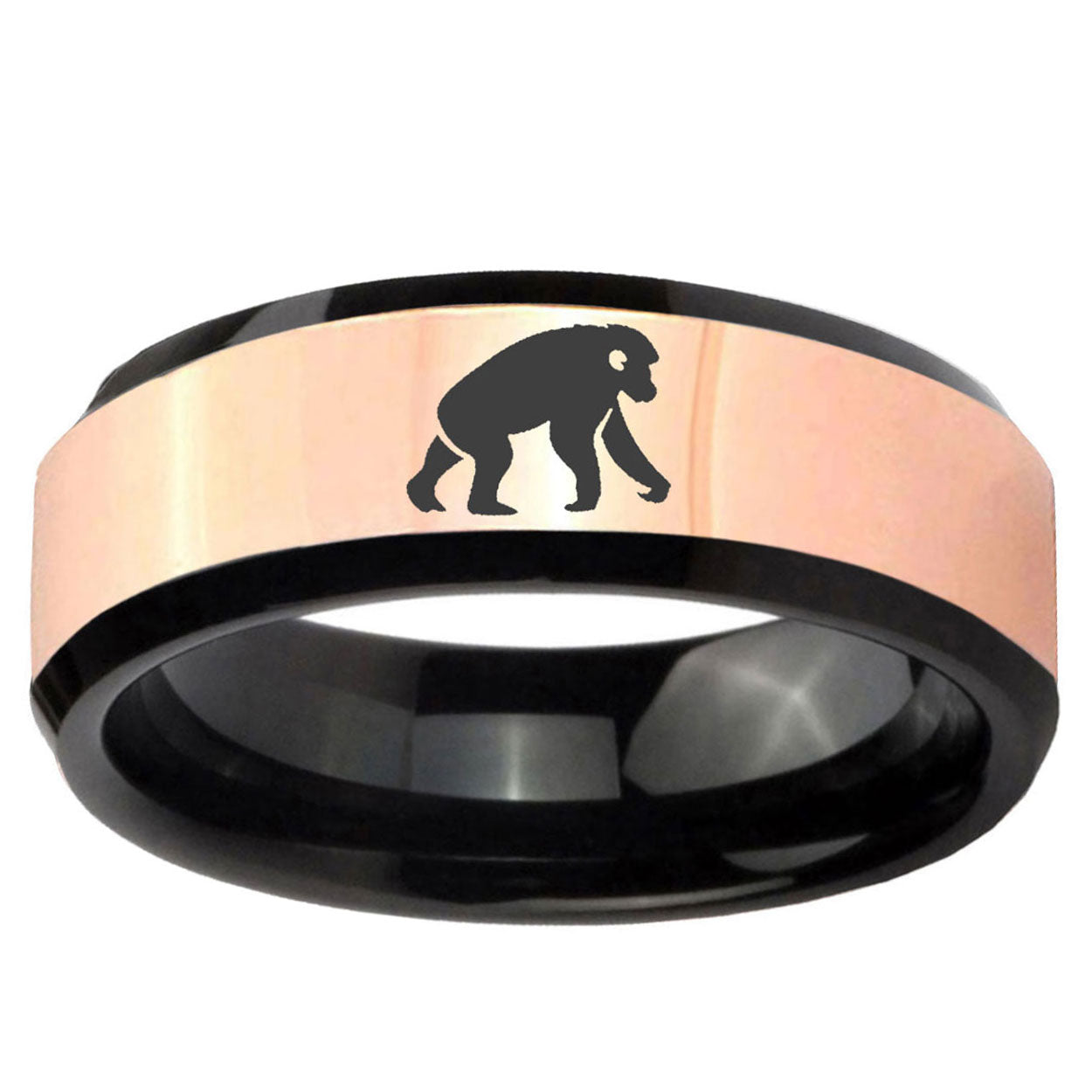 Chimpanzee Rose Gold And Black Bevel Tungsten Custom Ring