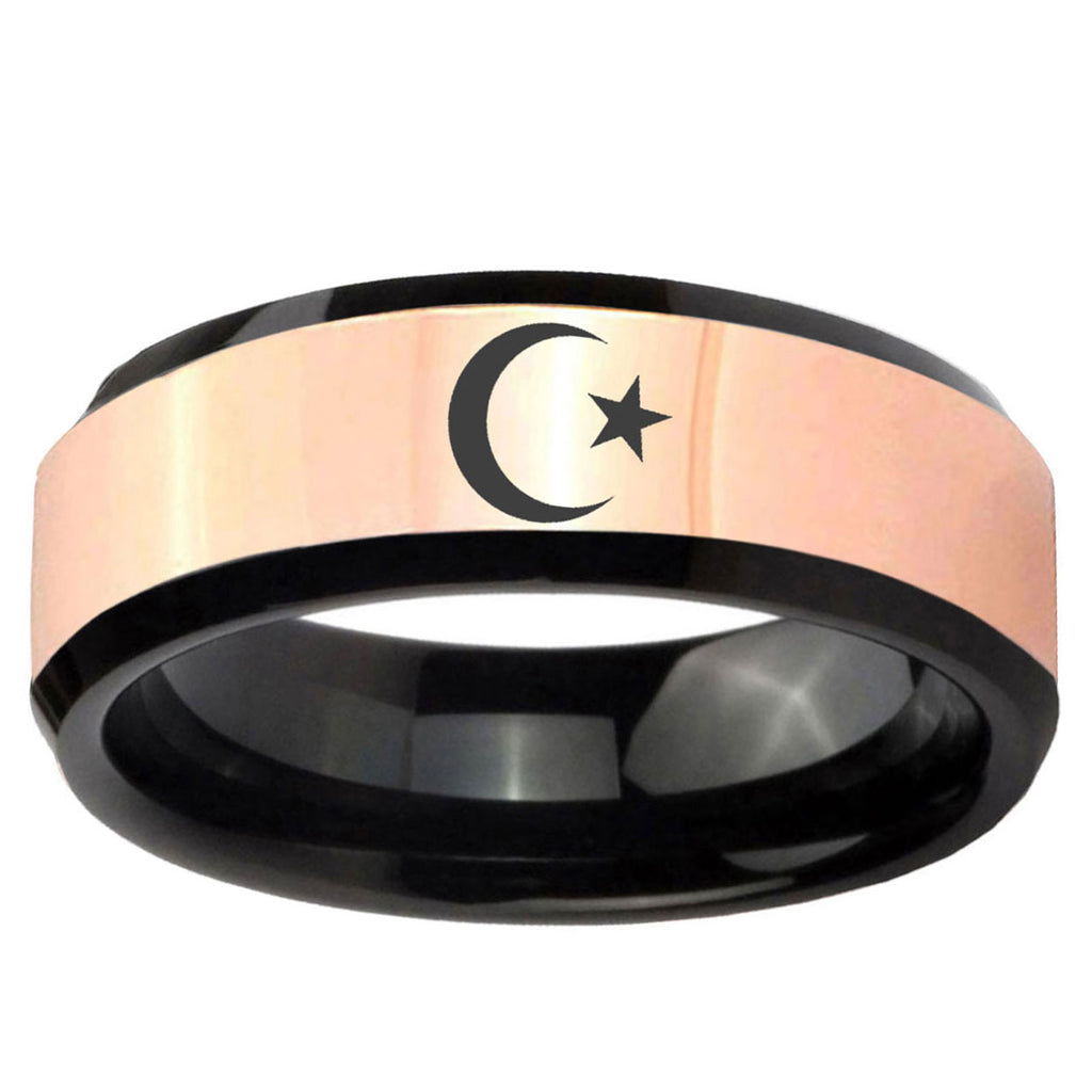 Crescent Moon Stars Rose Gold Black Bevel Tungsten Ring