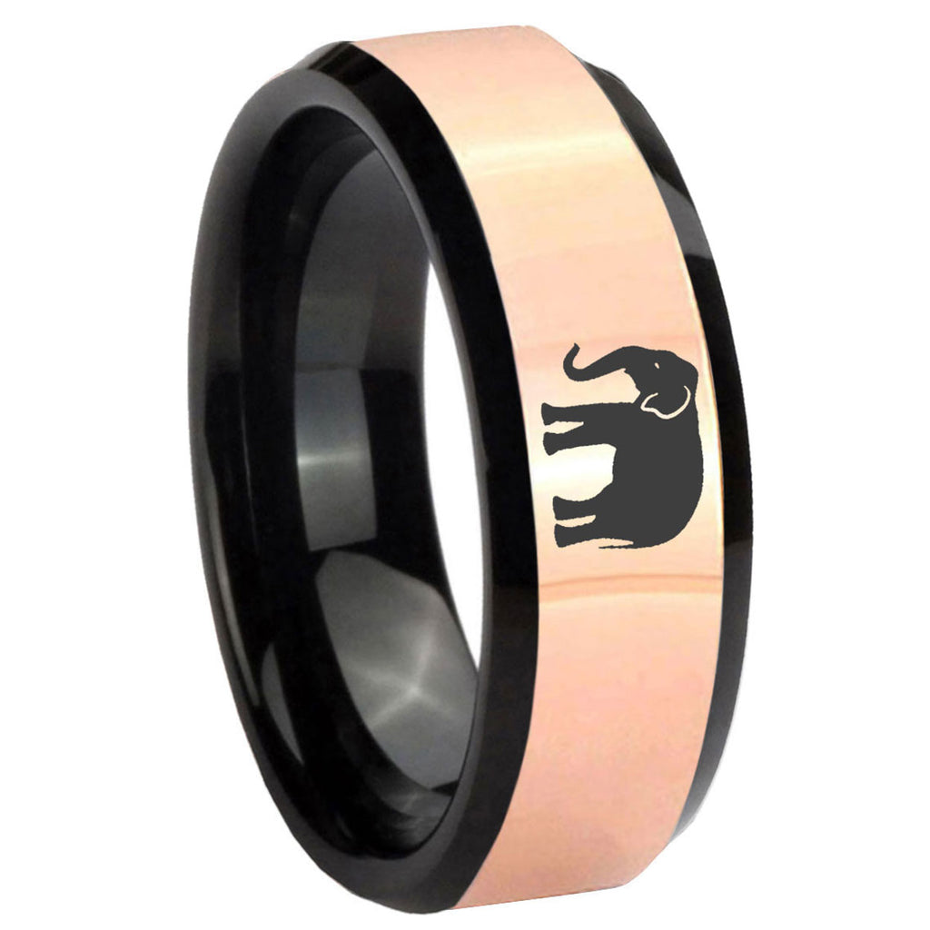 8MM Elephant Rose Gold And Black Beveled Edge Tungsten Ring