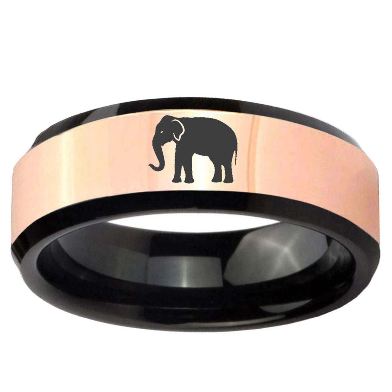 Elephant Rose Gold And Black Beveled Edge Tungsten Ring