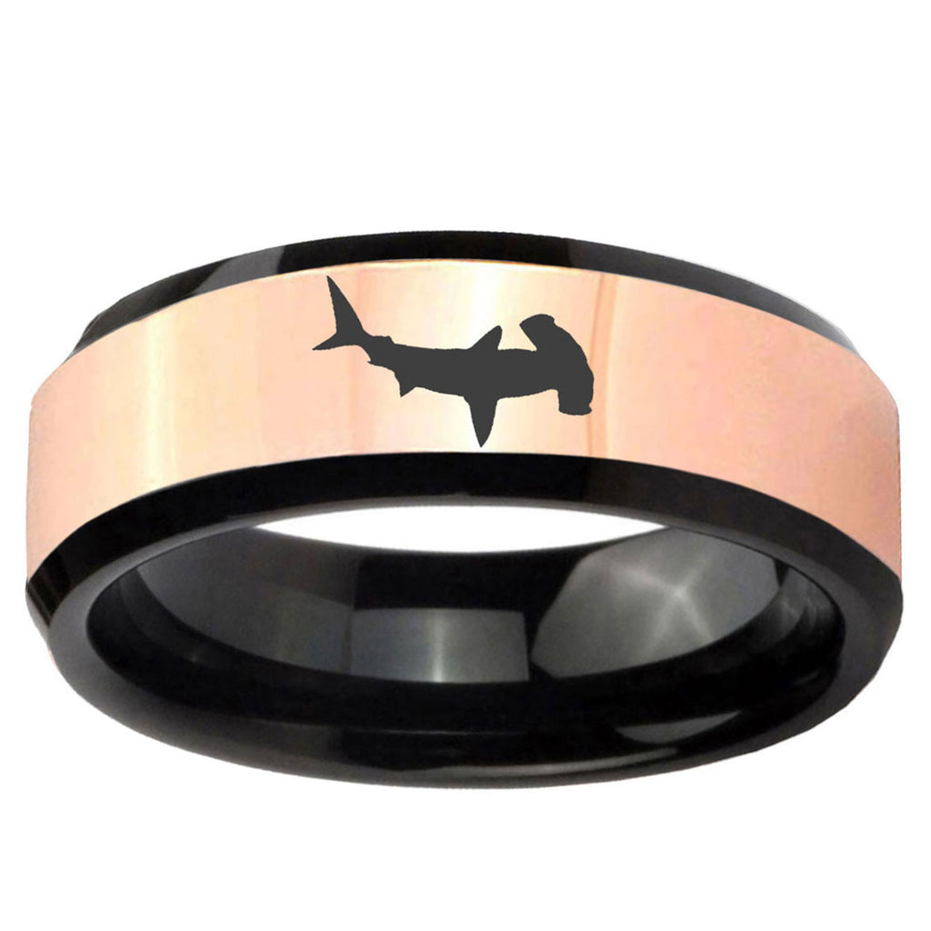 Hammerhead Shark Rose Gold And Black Bevel Tungsten Ring