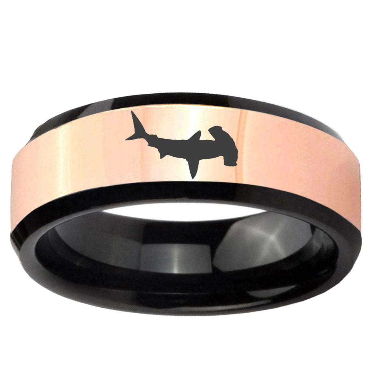 Hammerhead Shark Rose Gold And Black Bevel Tungsten Ring