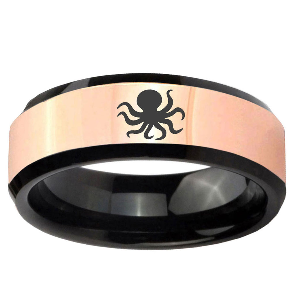 Octopus Rose Gold And Black Bevel Tungsten Engraved Band