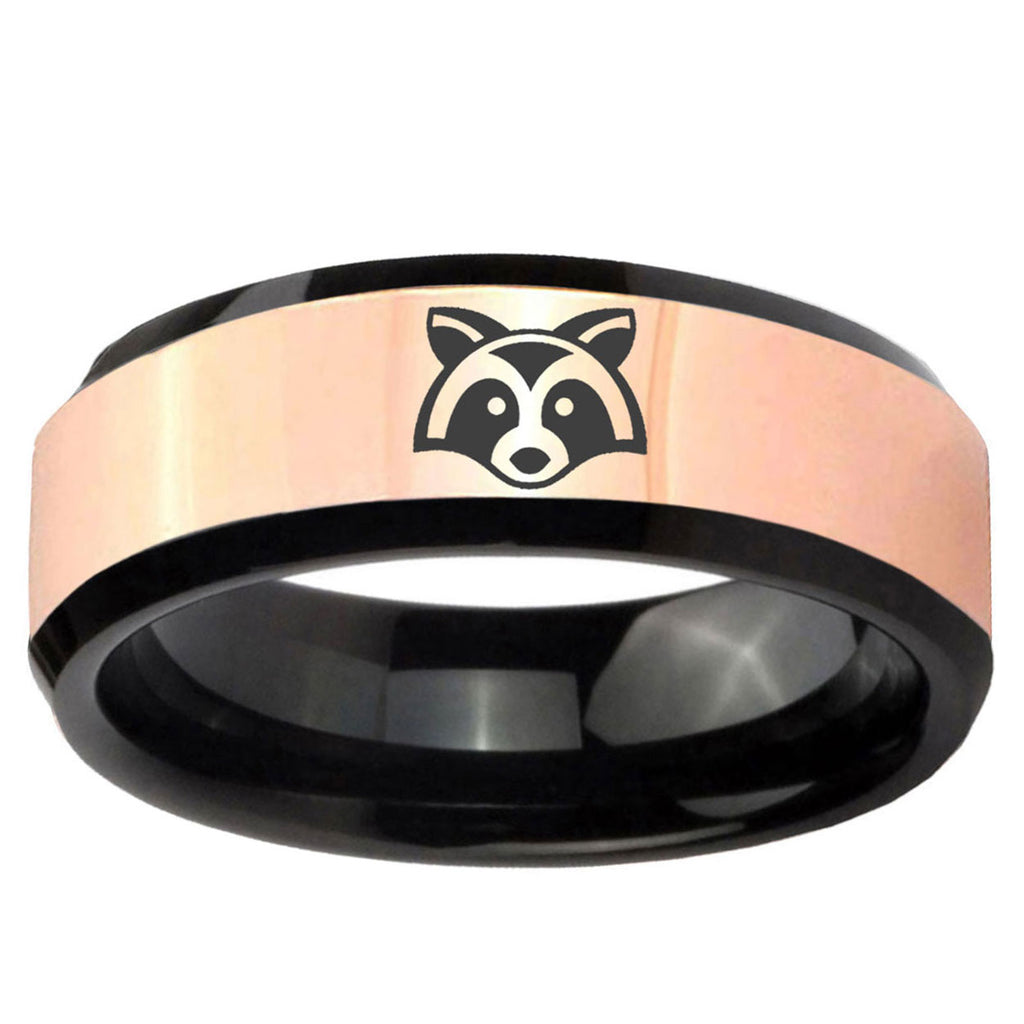 Raccoon Animal Rose Gold Black Bevel Tungsten Wedding Ring